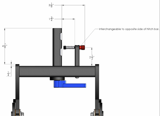 Digital rendering of 1.25" hitch with dimensions listed
