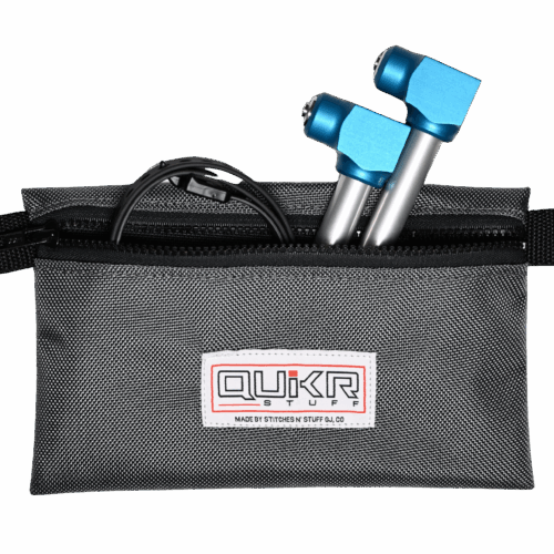 QuikrStuff Wheel Lock Pouch holding our Wheel Locks and Wheel Straps securely.
