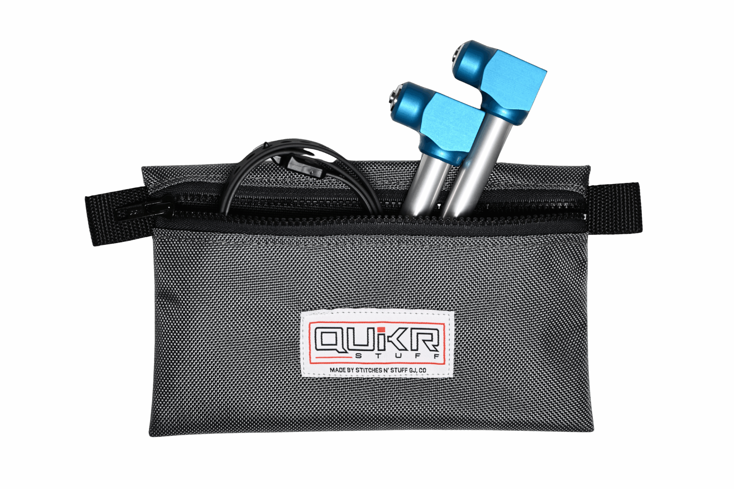 QuikrStuff Wheel Lock Pouch holding our Wheel Locks and Wheel Straps securely.