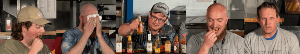Five QuikrStuff employees doing the Hot Ones challenge